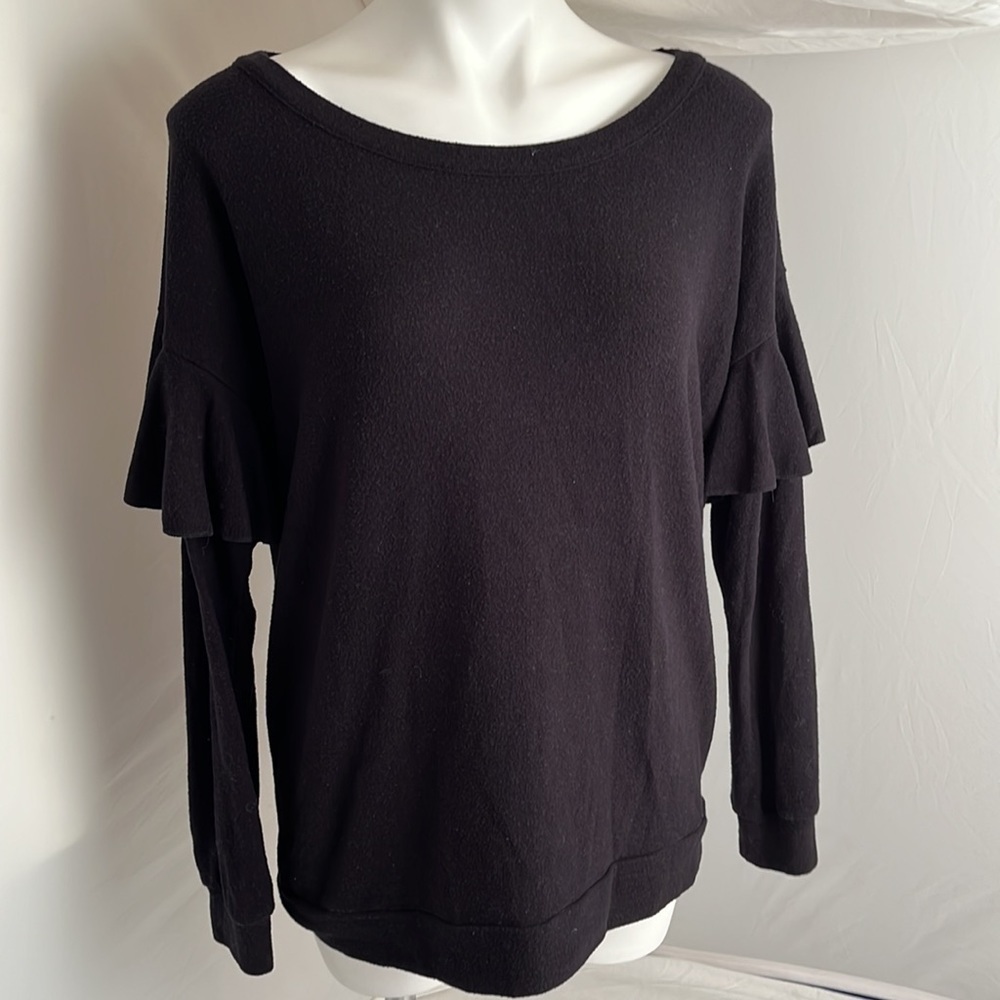 Chaser black soft long ruffle sleeve crew neck top